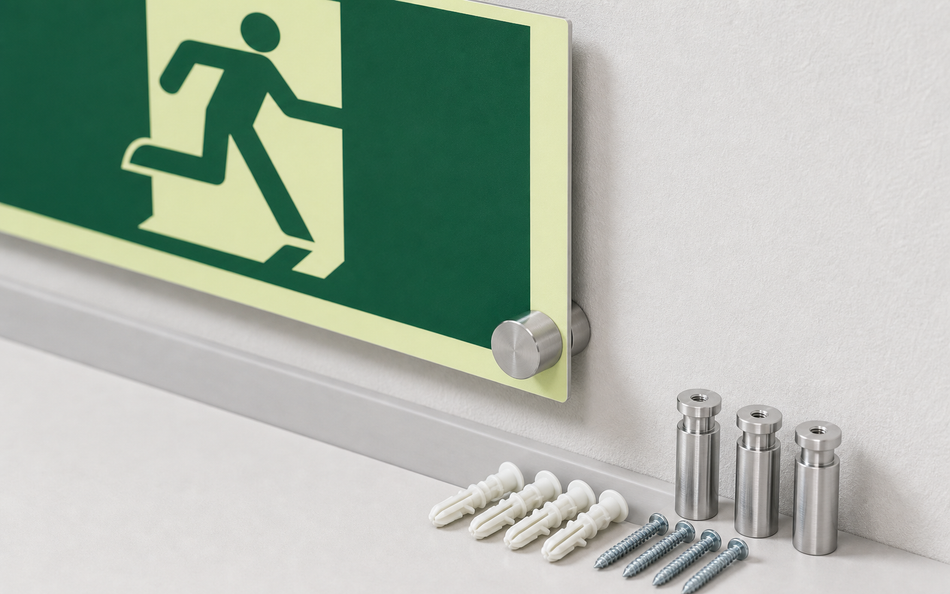 Photoluminescent exit sign mounting hardware shown installed with wall standoffs and fasteners