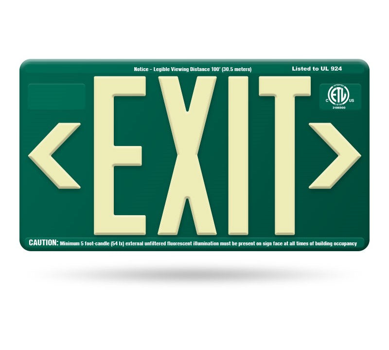 Photoluminescent exterior exit sign with green face