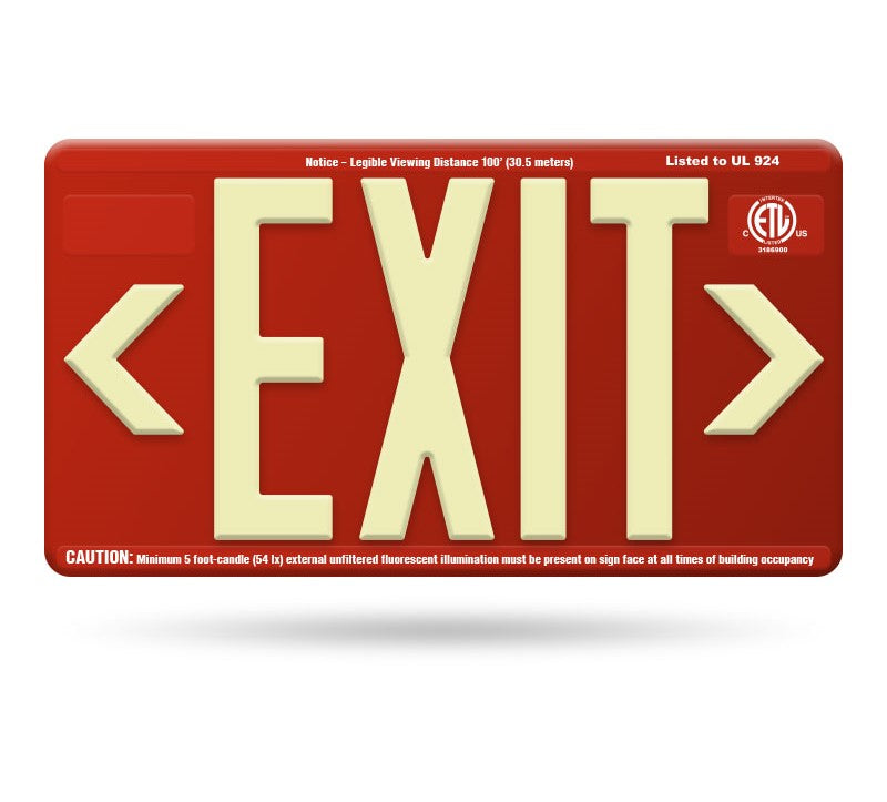 Photoluminescent exterior exit sign with red face