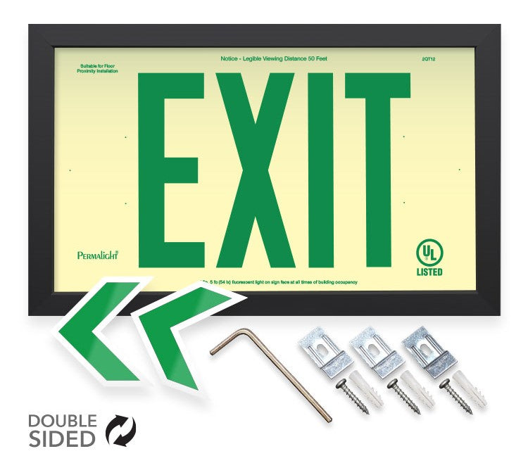 Photoluminescent with green letters and chevrons, black frame