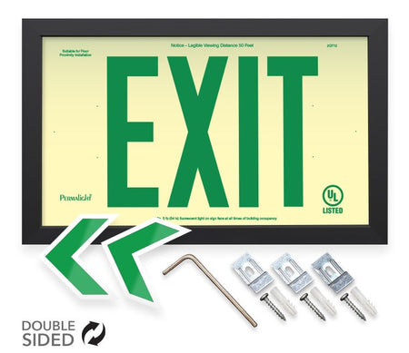 Photoluminescent with green letters and chevrons, black frame