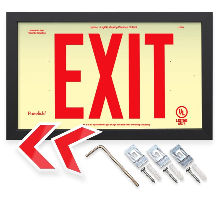 Photoluminescent with red letters and chevrons, black frame