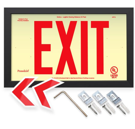 Photoluminescent with red letters and chevrons, black frame