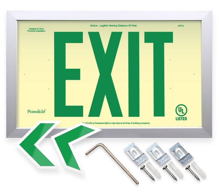 Photoluminescent with green letters and chevrons, silver frame