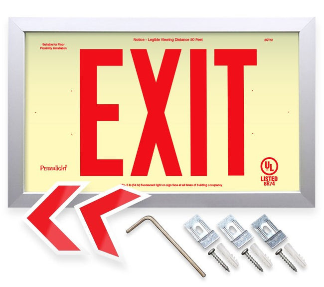 Red Photoluminescent Exit Sign - 50-foot viewing distance - aluminum frame