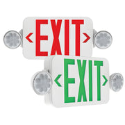 Universal LED exit and emergency combo – front view with red legend and dual heads