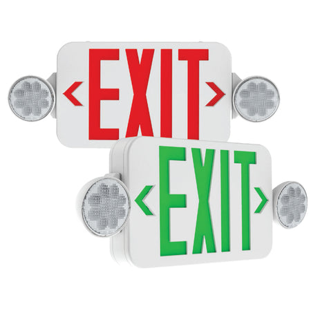 Universal LED exit and emergency combo – front view with red legend and dual heads