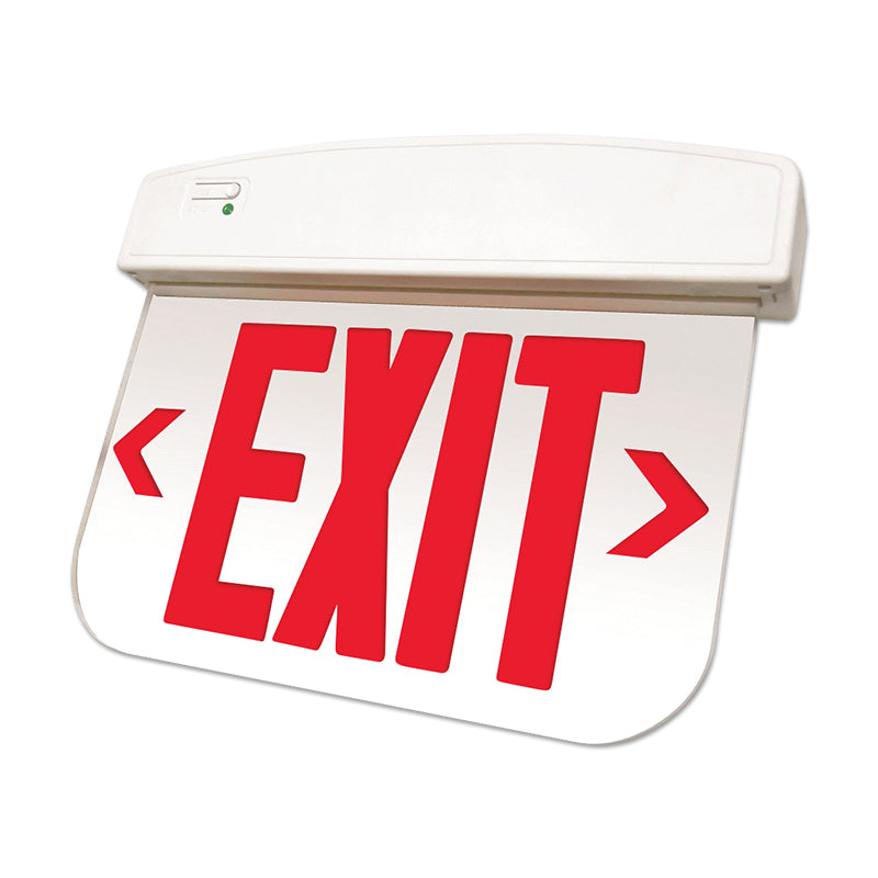 Red slim thermoplastic edge-lit LED exit sign with clear acrylic panel