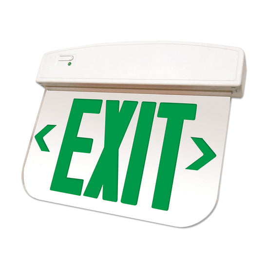 Green slim thermoplastic edge-lit LED exit sign with clear acrylic panel
