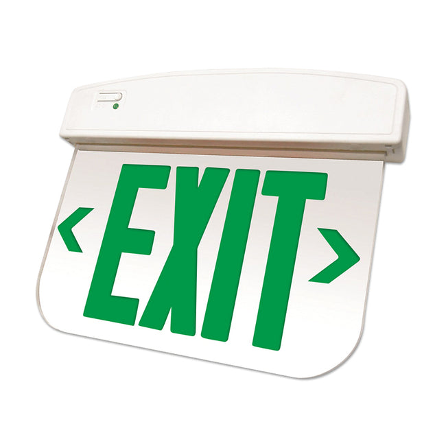 Green edge-lit thermoplastic exit sign with clear panel and slim profile