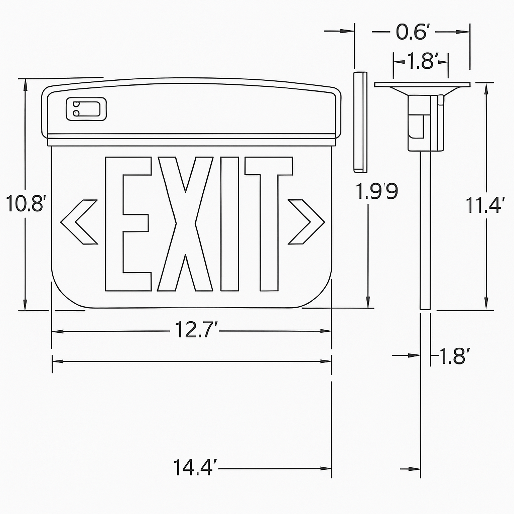 Diagram of the Slim Profile Thermoplastic Edge-Lit Exit Sign showing dimensions, mounting, and panel layout.