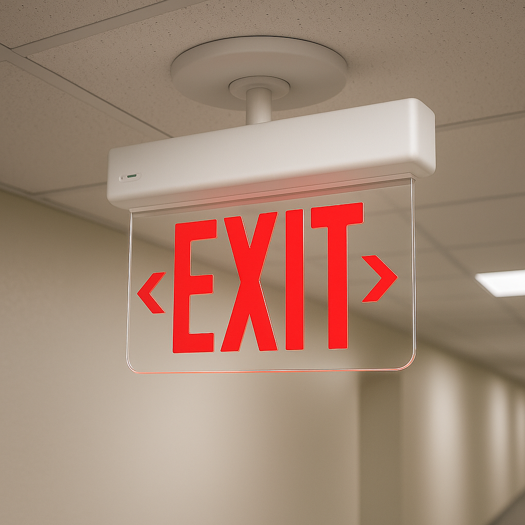 Installed Slim Profile Thermoplastic Edge-Lit Exit Sign, ceiling-mounted in a corridor.