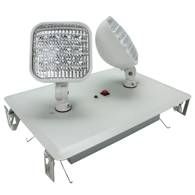Recessed LED emergency light with dual square heads and flush-mounted trim plate