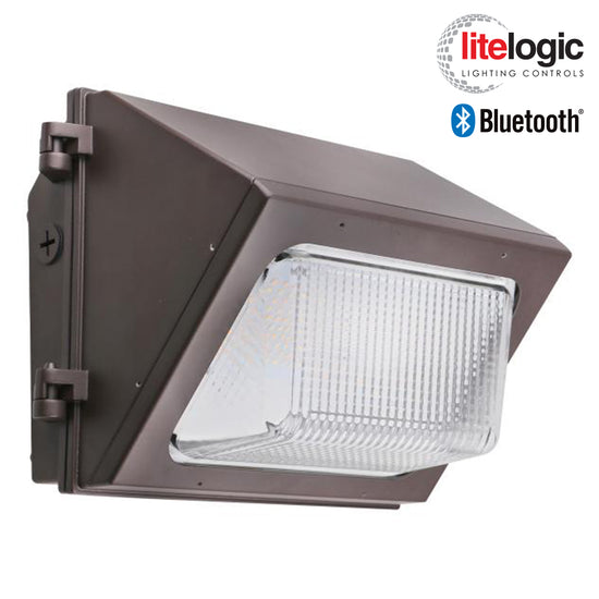 LED glass wall pack with Bluetooth-enabled LiteLogic sensor, shown with prismatic lens and bronze finish