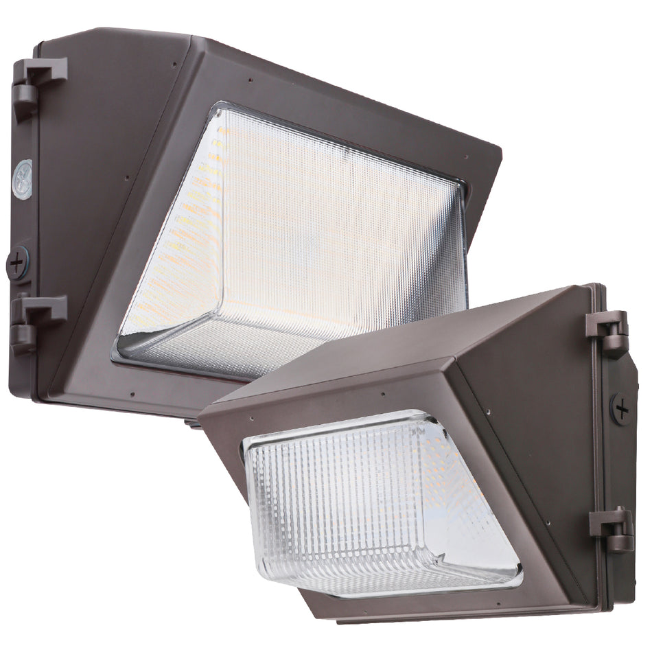 Front view of LED wall pack showing prismatic borosilicate glass refractor for uniform illumination