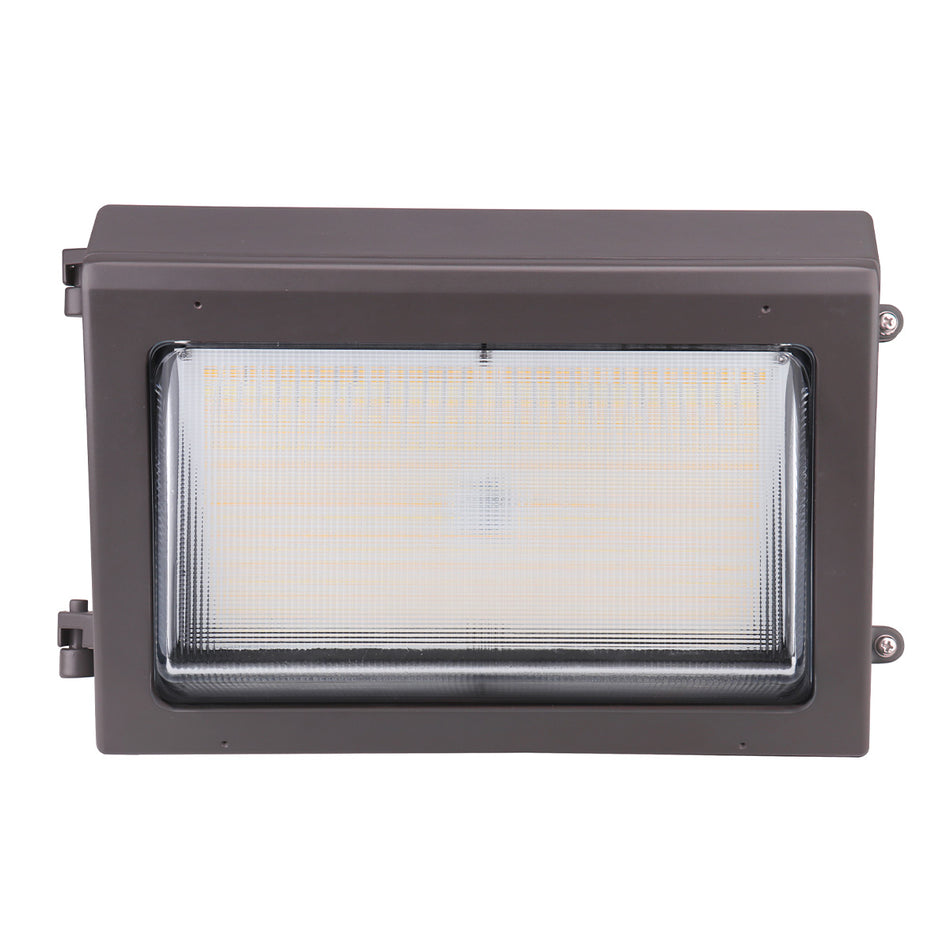 Front view of LED wall pack showing prismatic borosilicate glass refractor for uniform illumination