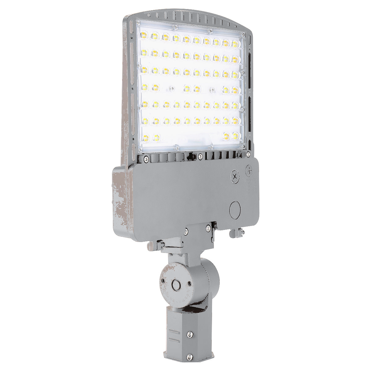 RAB RXAR-140 outdoor LED area light with gray aluminum finish and pole mount arm