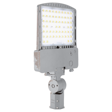 RAB RXAR-140 outdoor LED area light with gray aluminum finish and pole mount arm