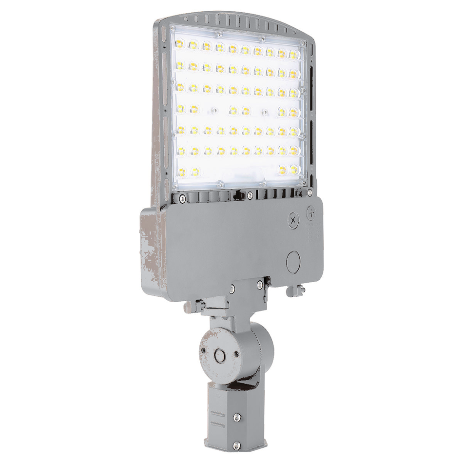 RAB RXAR-140 outdoor LED area light with gray aluminum finish and pole mount arm