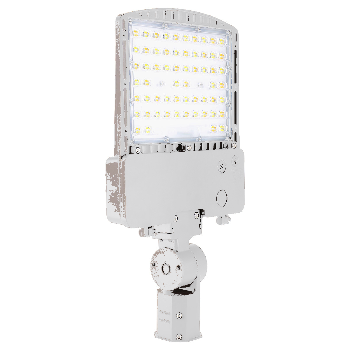 RAB RXAR-140 outdoor LED area light with white finish and pole mount arm