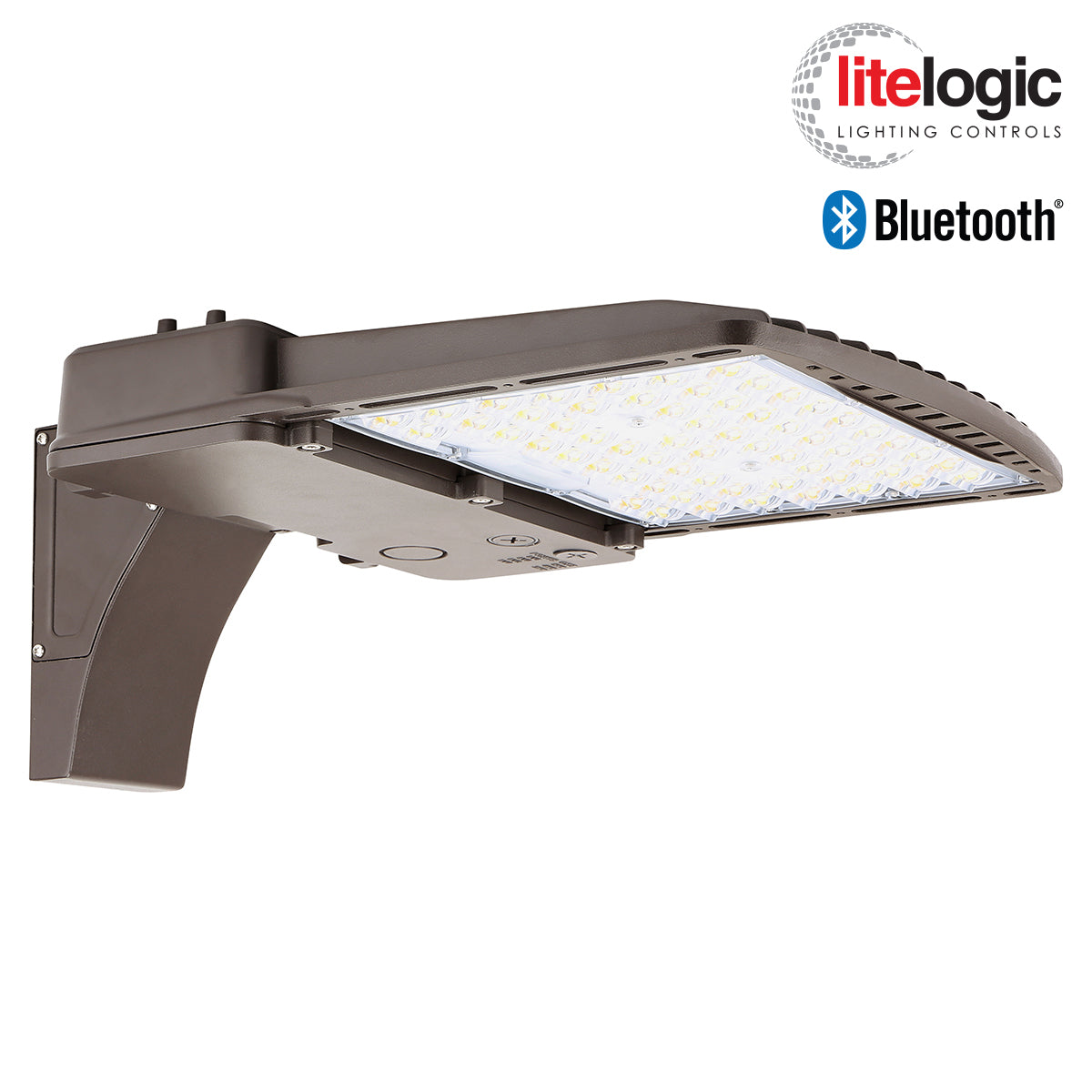 LED outdoor area light with pole arm mount and Bluetooth LiteLogic control system