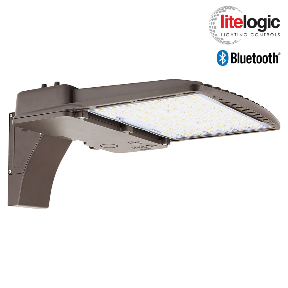 LED outdoor area light with pole arm mount and Bluetooth LiteLogic control system