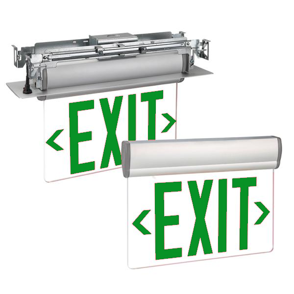 Exitronix S900 edge-lit exit sign with green panel and brushed aluminum finish