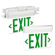 Exitronix S900 edge-lit exit sign with green panel and white finish