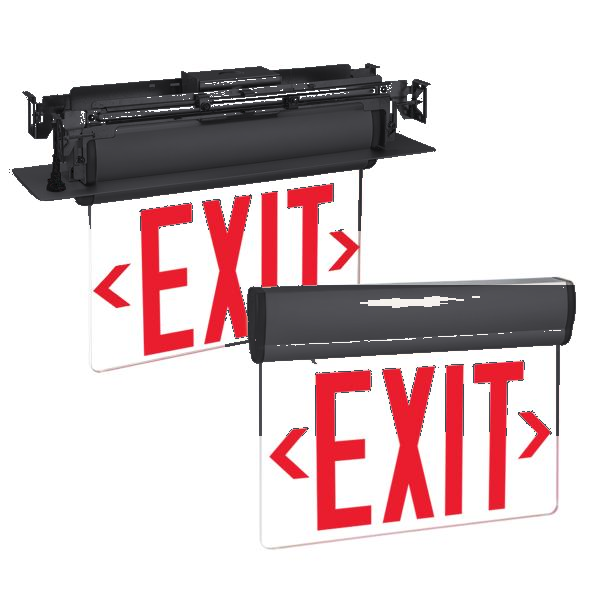 Exitronix S900 edge-lit exit sign with red panel and black finish