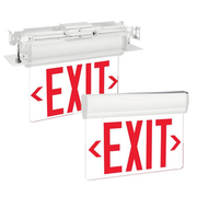 Exitronix S900 edge-lit exit sign with red panel and white finish