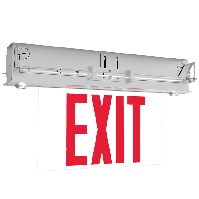 Edge-lit LED exit/emergency combo – front view with red legend and recessed heads