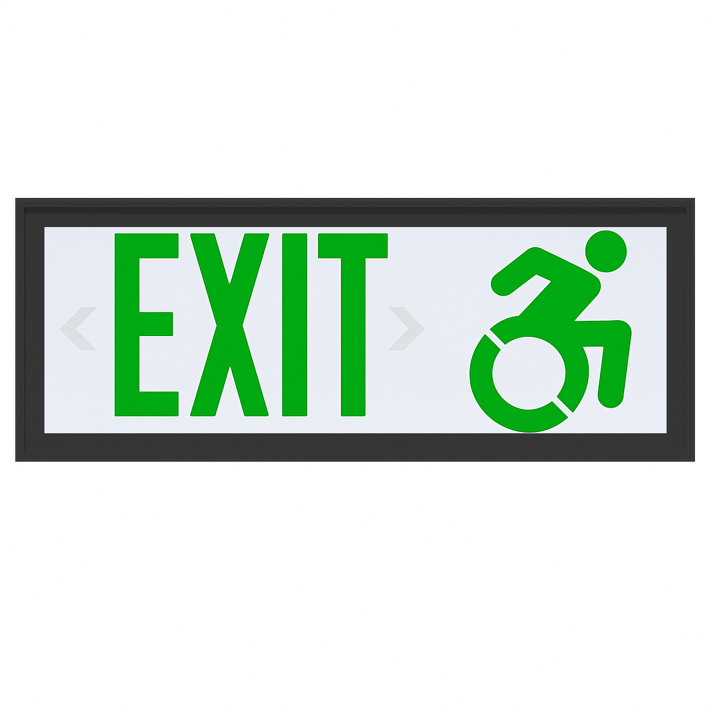 Exitronix CT400E Connecticut wheelchair-accessible LED exit sign with green letters and black finish