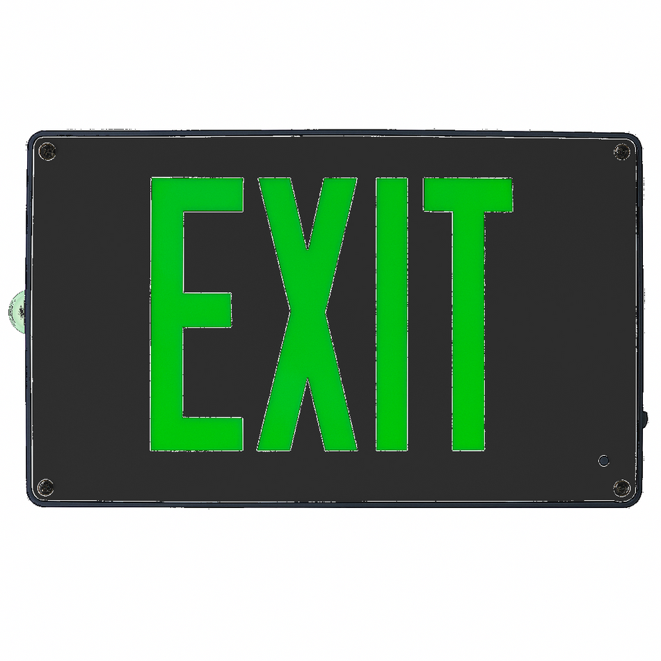 NAV vandal-resistant wet-location LED exit sign with green letters and black finish