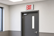 SXTEU steel LED exit sign installed above a commercial door