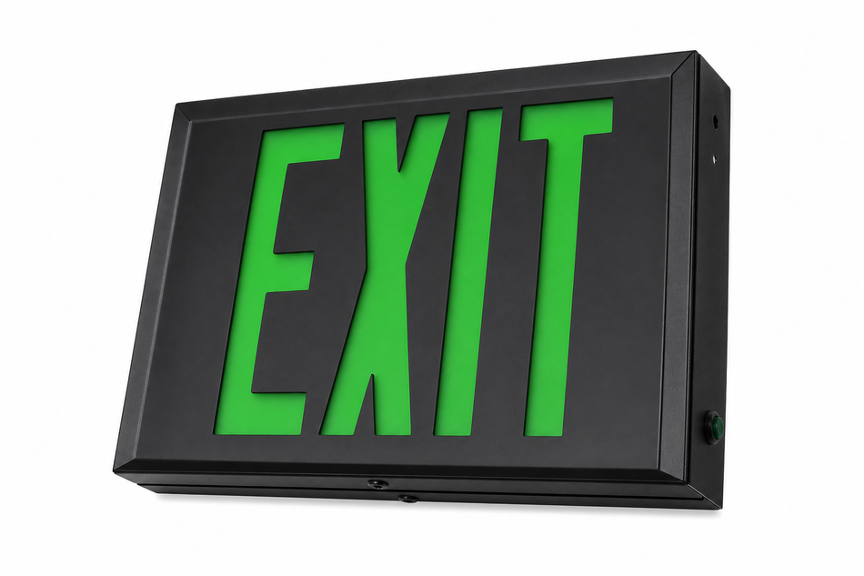 SXTEU steel LED exit sign with green EXIT letters and black housing