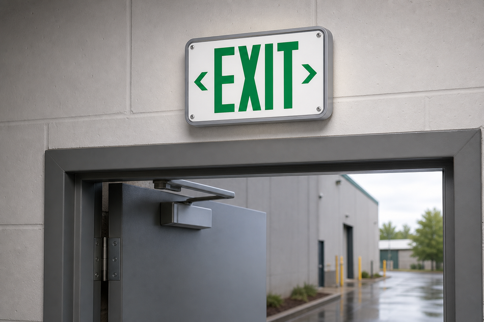Best Lighting WLEZXTEU compact wet-location LED exit sign installed above commercial doorway