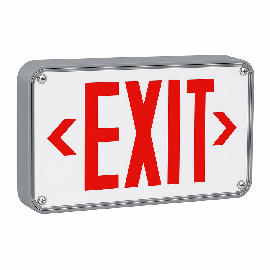 Best Lighting WLEZXTEU compact wet-location LED exit sign red letters grey housing product image
