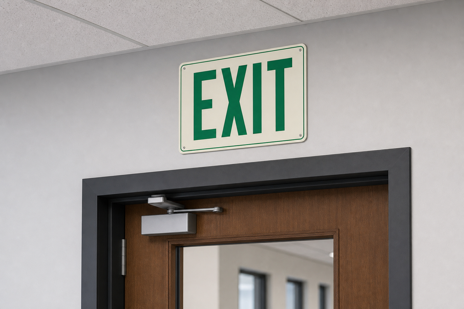 AP-LED photoluminescent exit sign installed above a commercial doorway
