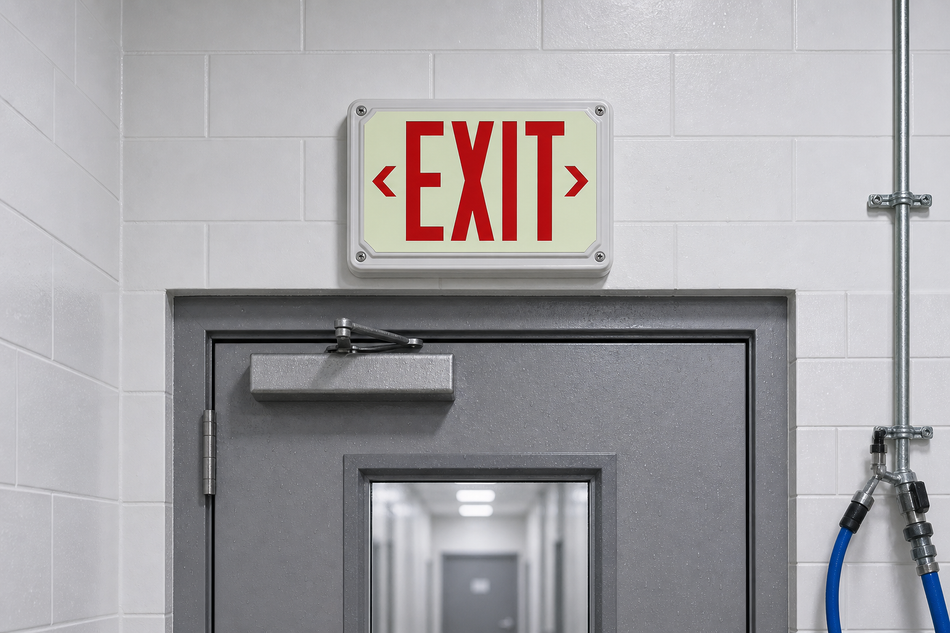 AP-WET wet-location photoluminescent exit sign installed above a commercial doorway