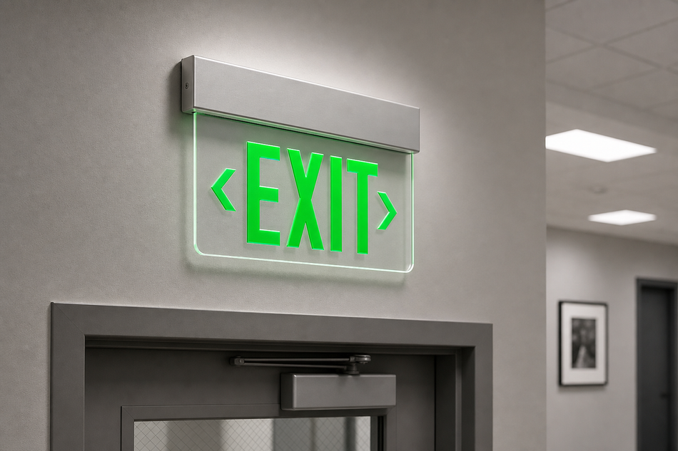 Best Lighting ELXTEU green edge-lit exit sign installed above commercial doorway