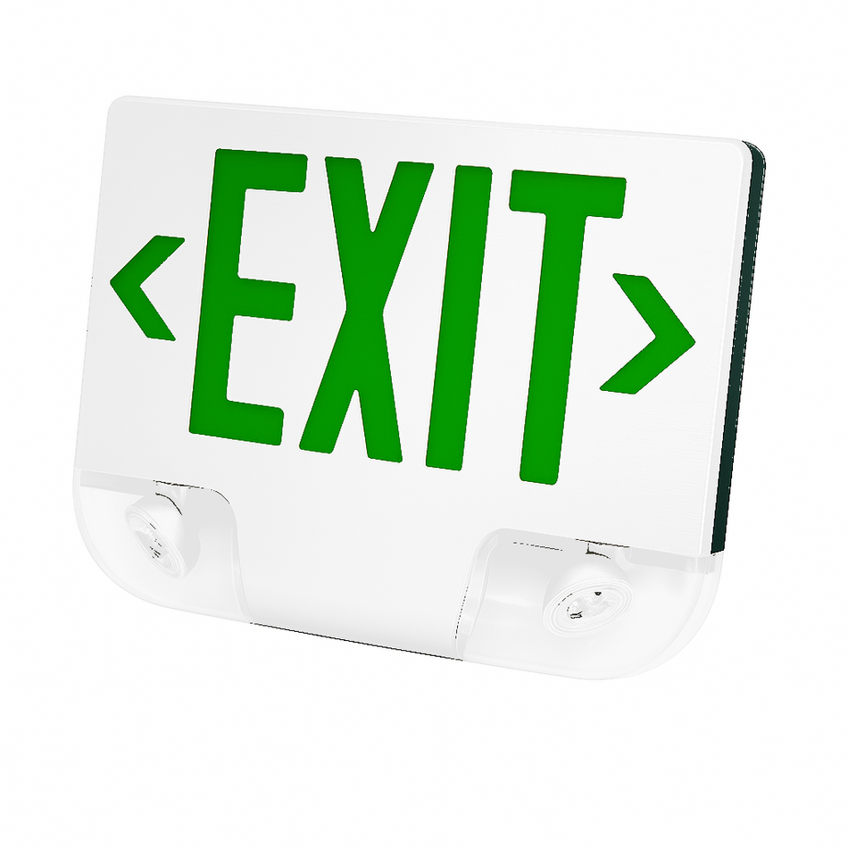 CKXTEU die-cast LED exit emergency combo with green letters and white housing