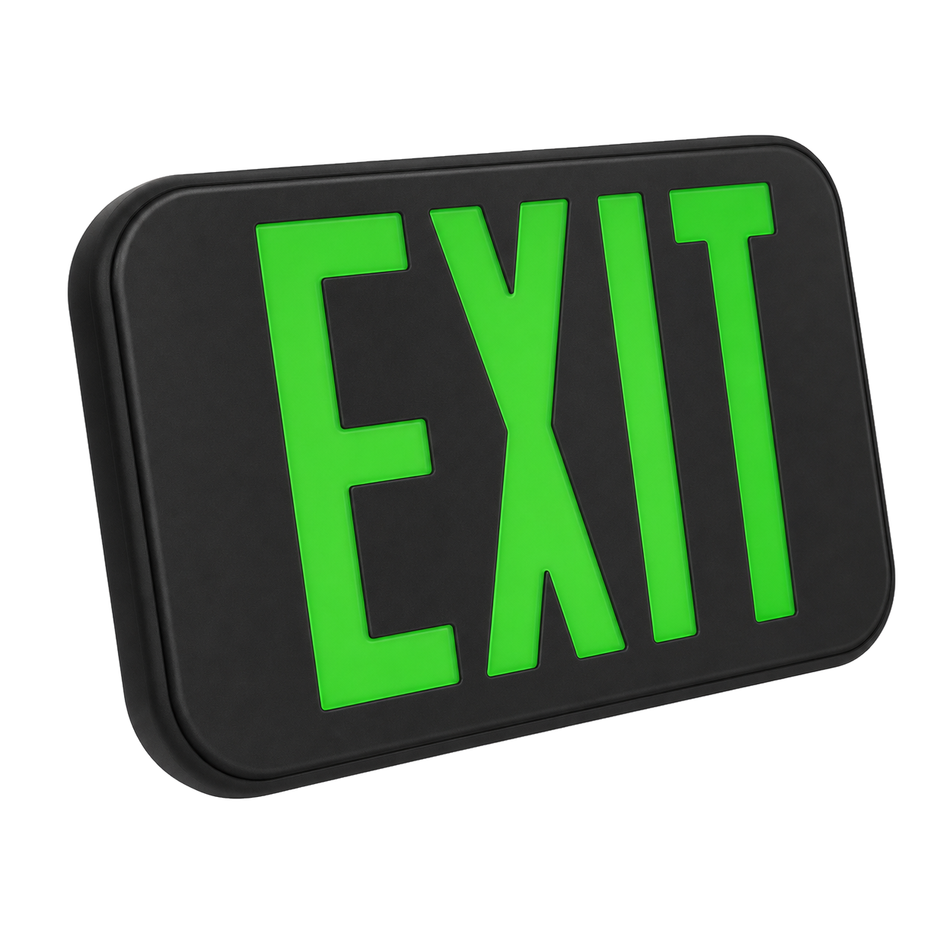CEXTEU remote-capable LED exit sign with green letters and black housing