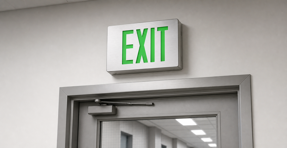 Exitronix 400EX green brushed aluminum exit sign installed above an exit door for SKU G403EX-2CI1-BA