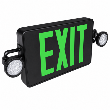 Low profile thermoplastic LED exit and emergency combo with green letters and black housing