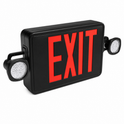 Low profile thermoplastic LED exit and emergency combo with red letters and black housing