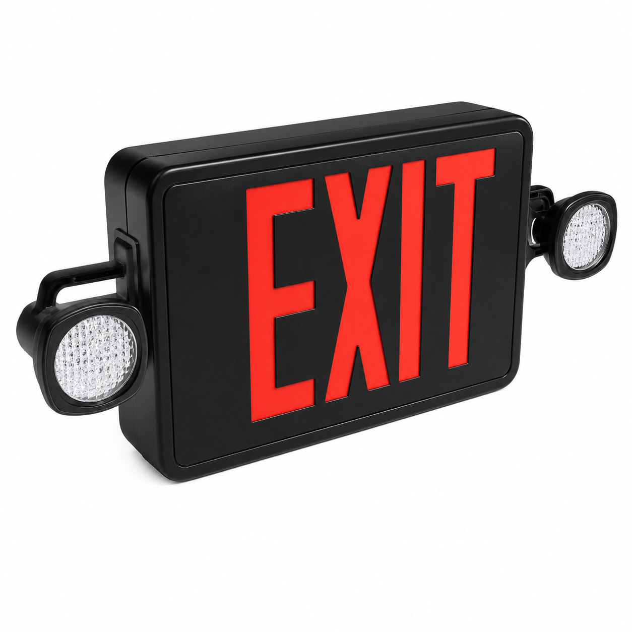 Low profile thermoplastic LED exit and emergency combo with red letters and black housing