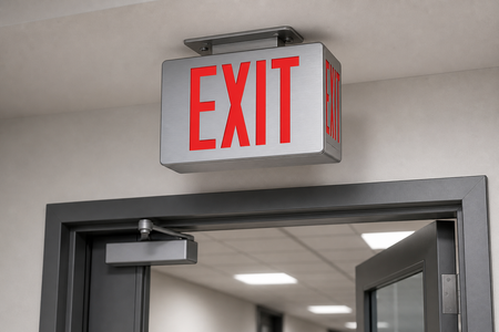Exitronix 400S/U double-face red brushed aluminum exit sign installed above an exit door for SKU 400U-2CI1-BA
