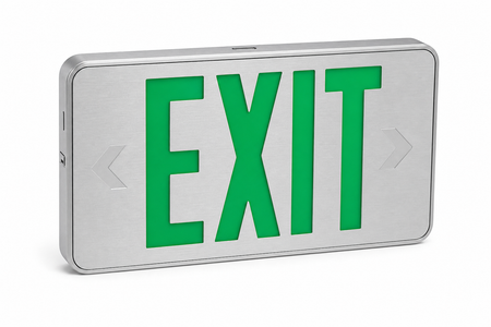 Exitronix 450 green letter brushed aluminum finish exit sign product image on white background for SKUs G452-LB-BA, G452-WB-BA, G453-LB-BA, and G453-WB-BA