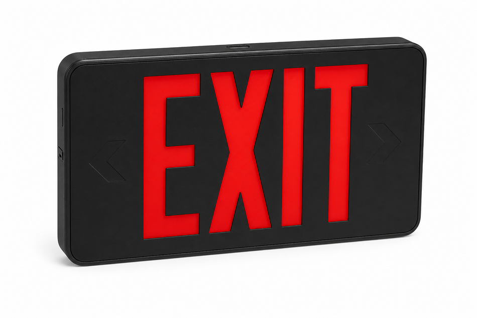 Exitronix 450 red letter black finish exit sign product image on white background for SKUs 452-LB-BB, 452-WB-BB, 453-LB-BB, and 453-WB-BB
