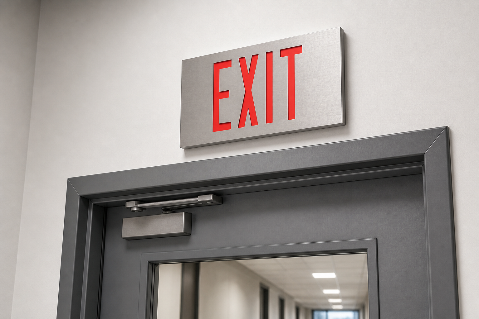 Exitronix 450 ultra-slim red brushed aluminum exit sign installed above an exit door for SKU 452-LB-BA